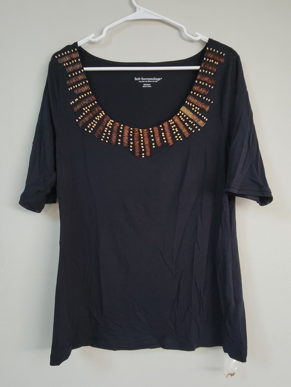 NWOT Soft Surroundings Black Beaded Top Women Size M Boho Office Hippie